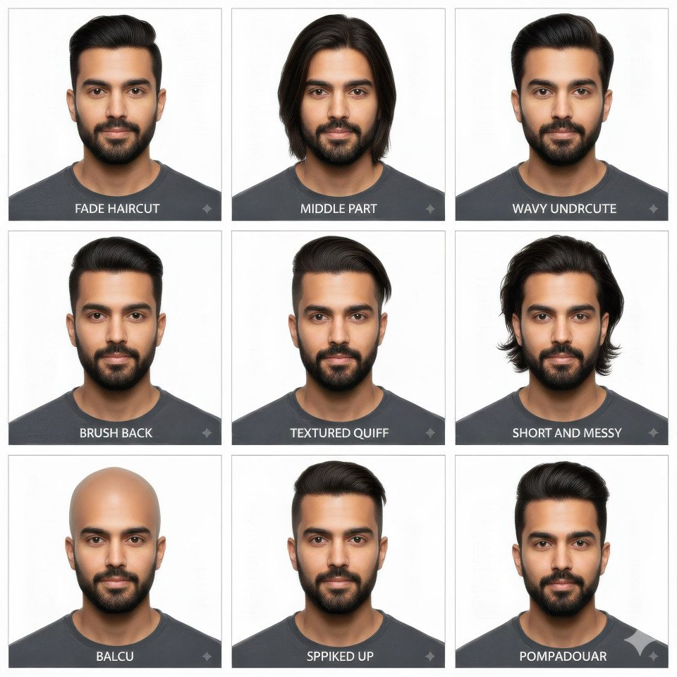 Indian man 3x3 hairstyle grid with nine different styles google gemini prompt