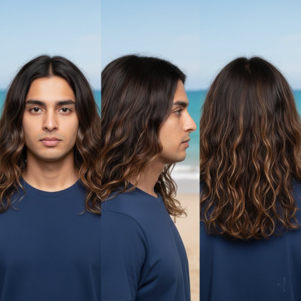 Man long wavy surfer hairstyle multi view beach studio google gemini prompt