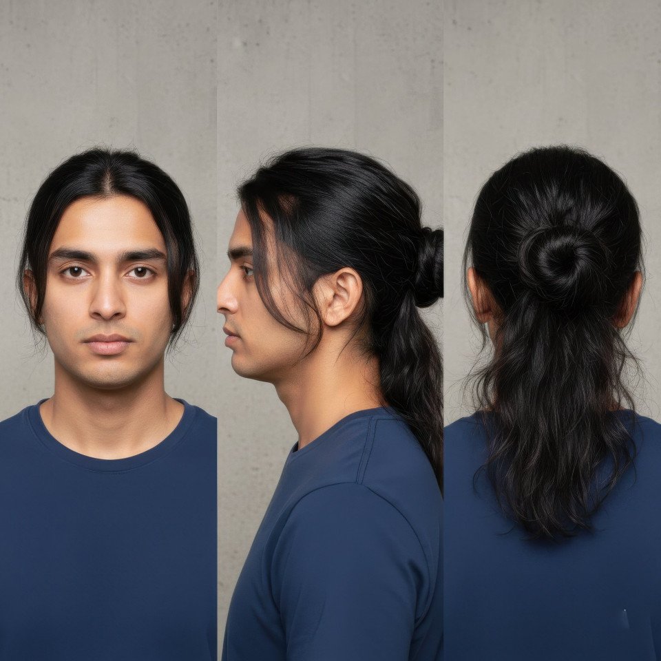Man long layered man bun hairstyle multi view portrait google gemini prompt