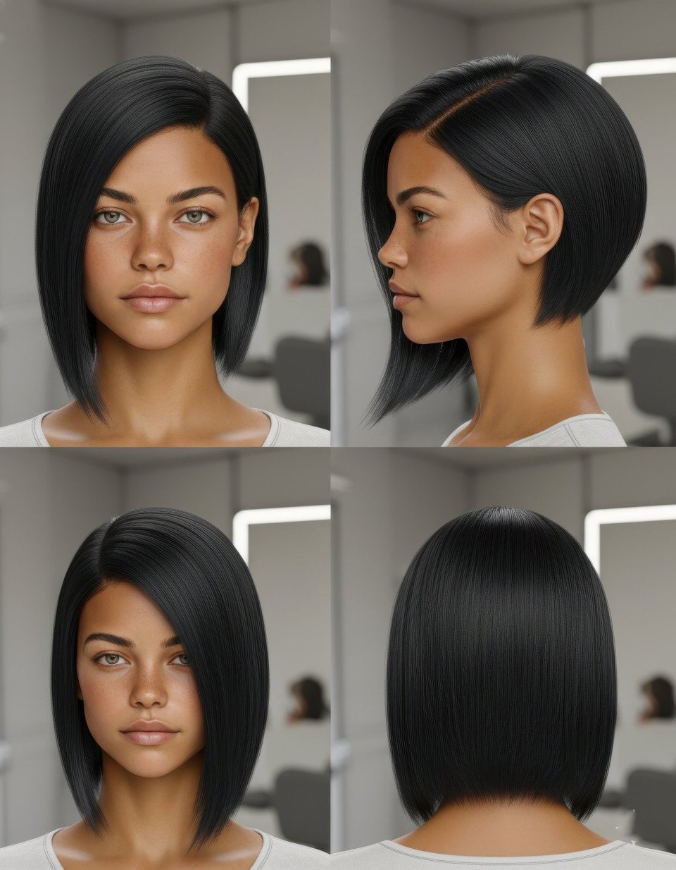 Urban woman sleek asymmetrical bob hairstyle multi view google gemini prompt