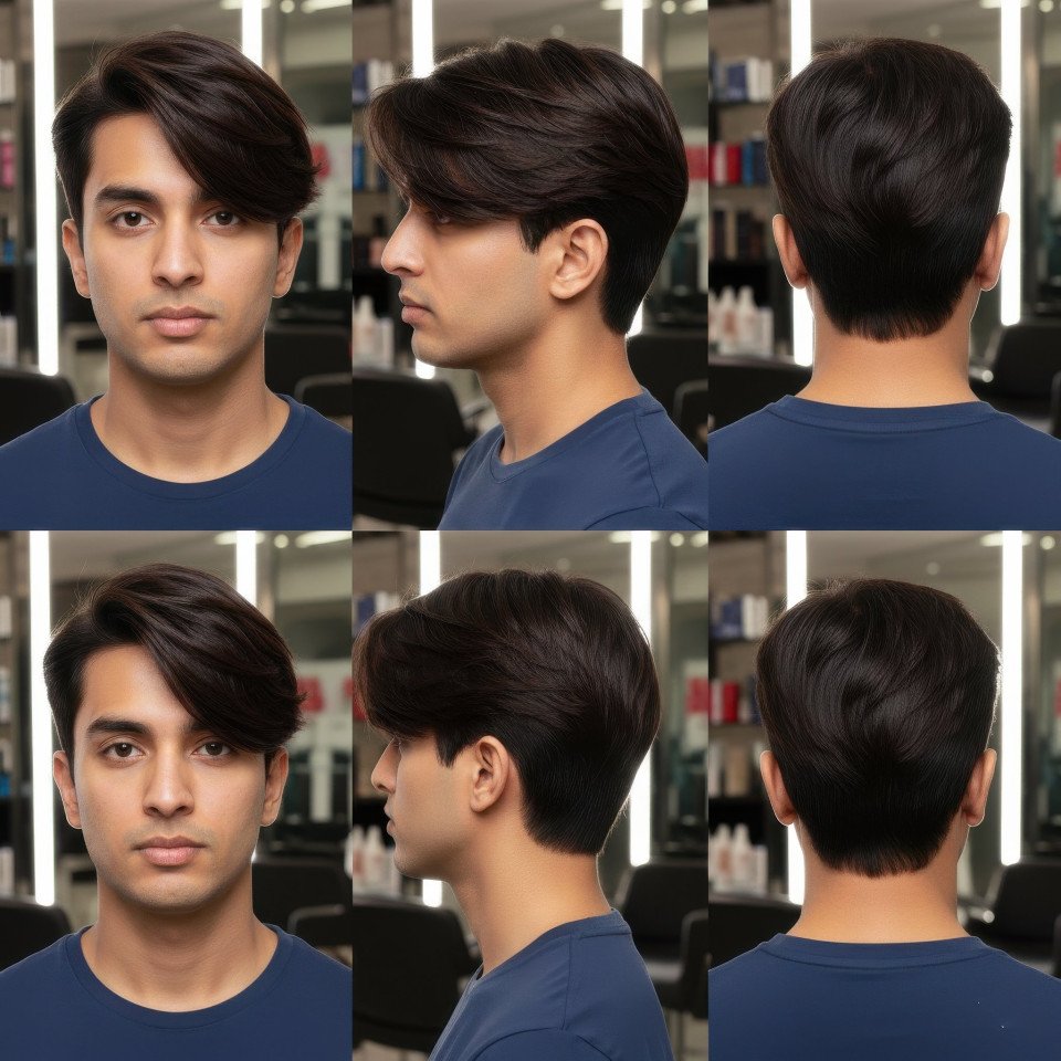Man deep side part layered hairstyle multi view salon google gemini prompt