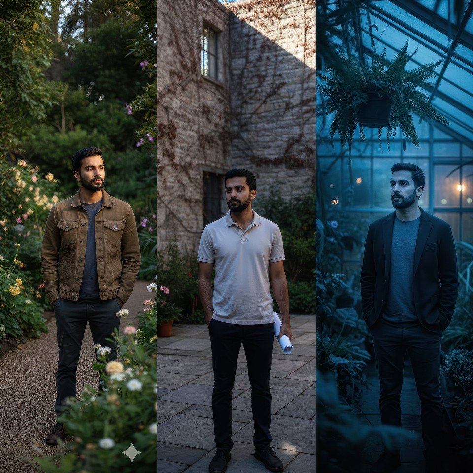 Male landscape architect environmental portrait in garden setting google gemini prompt