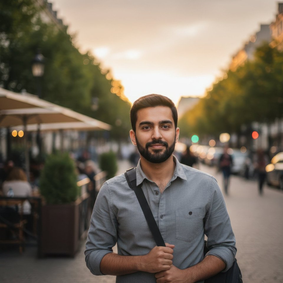 Young male travel blogger lifestyle portrait in urban outdoors google gemini prompt