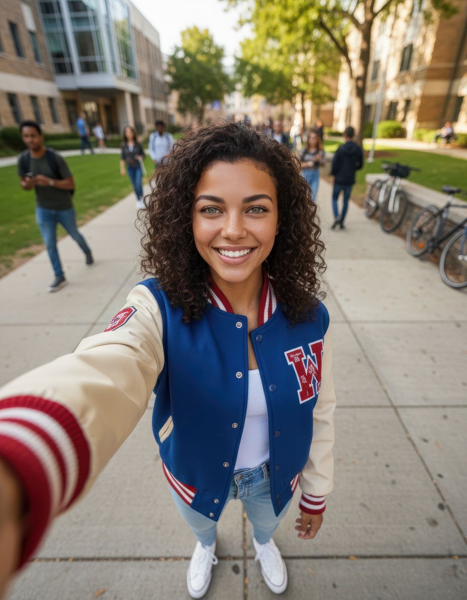 Young woman taking selfie on modern university campus google gemini prompt