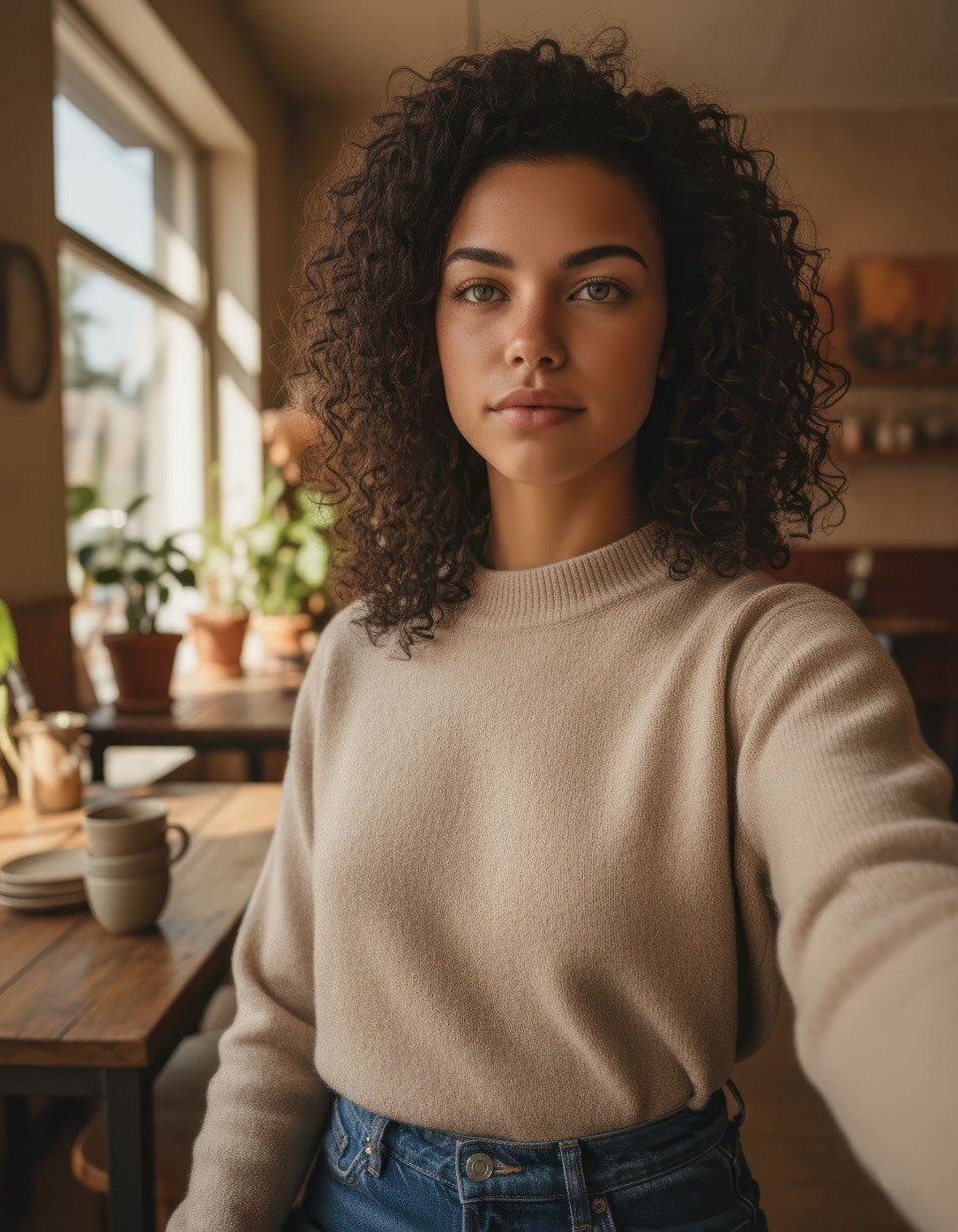 Thoughtful woman taking selfie in cozy coffeehouse interior google gemini prompt