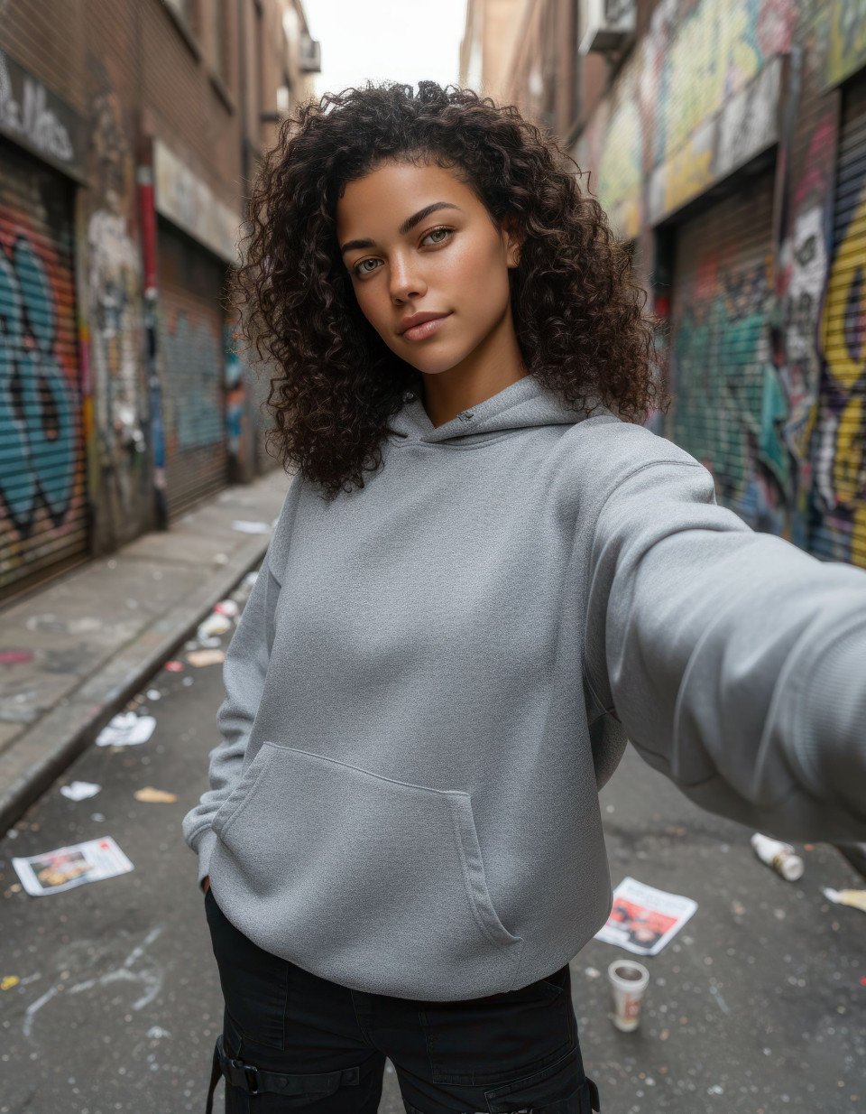 Cool woman taking selfie in graffiti urban alley google gemini prompt