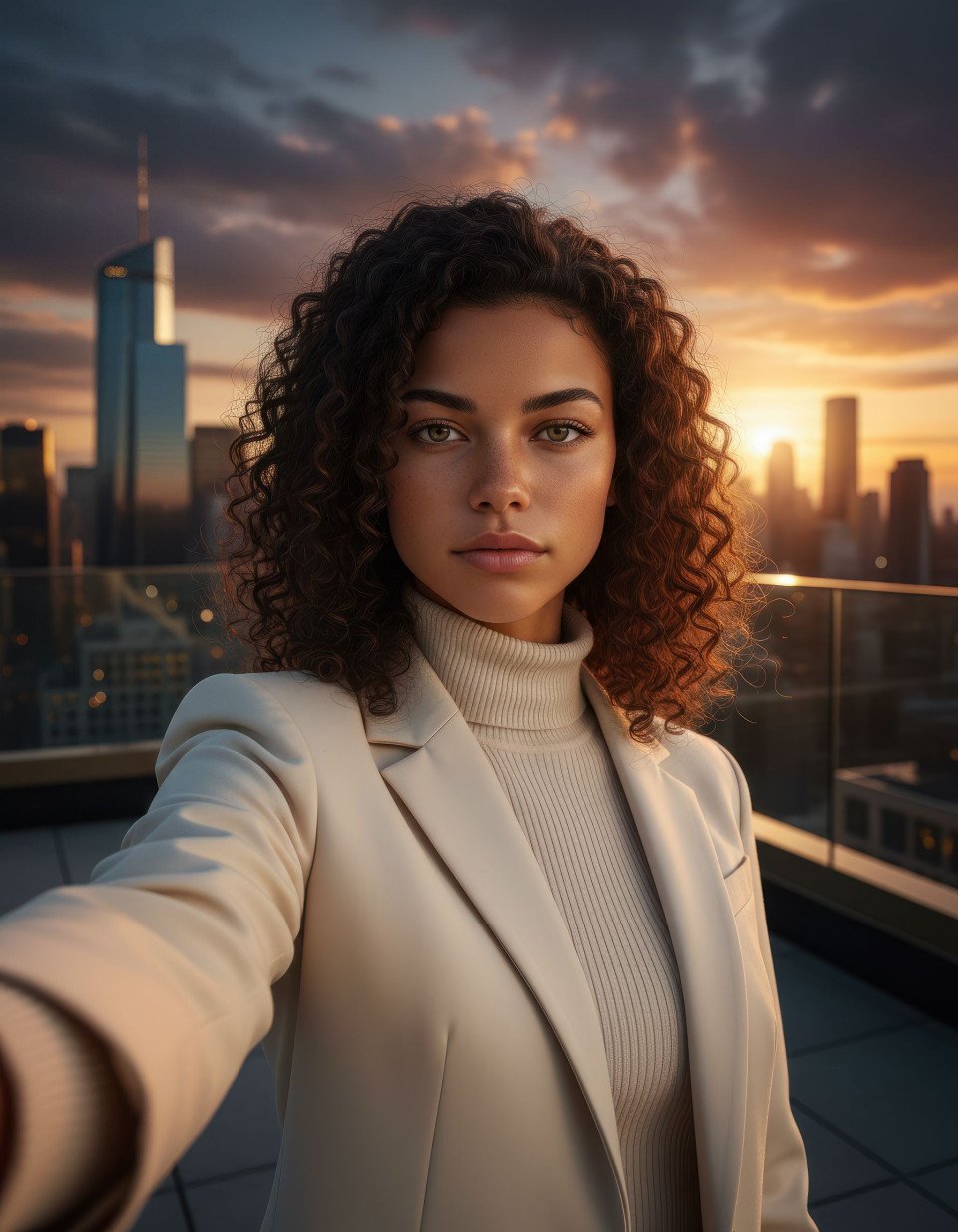 Confident woman taking selfie on city rooftop at sunset google gemini prompt