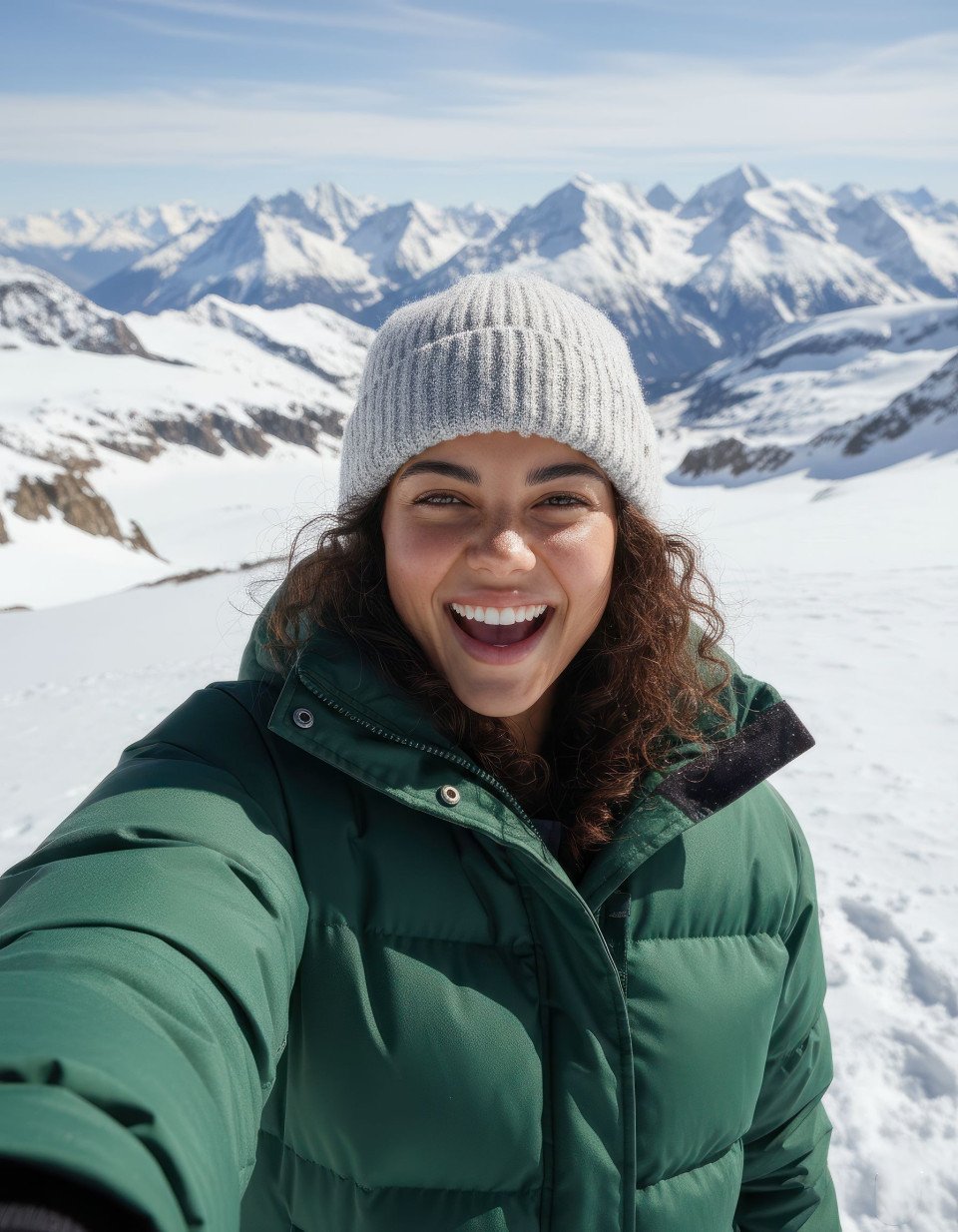 Adventurous woman taking selfie at snowy mountain viewpoint google gemini prompt