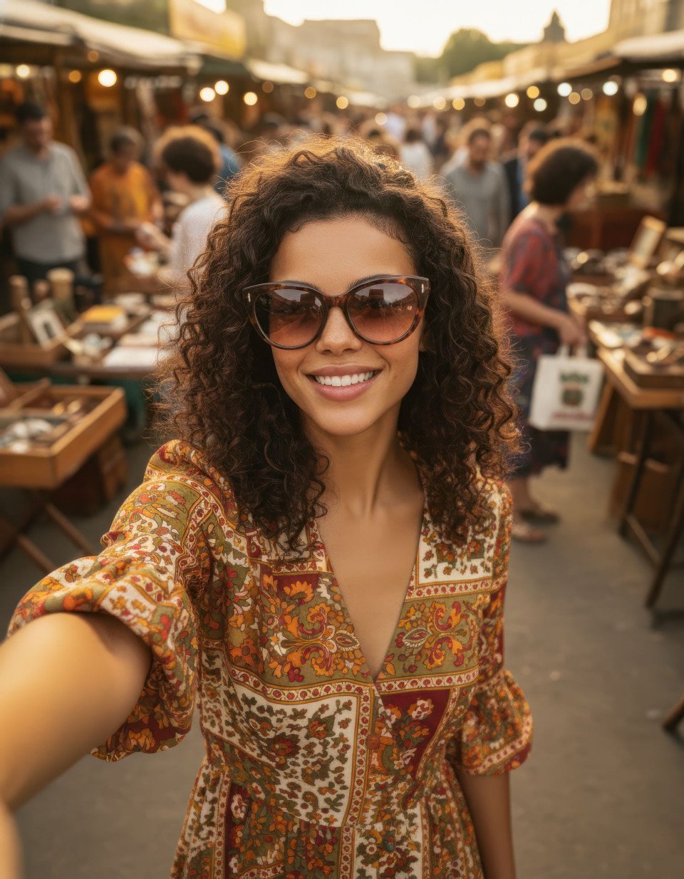 Stylish woman taking selfie at vintage market in retro fashion google gemini prompt
