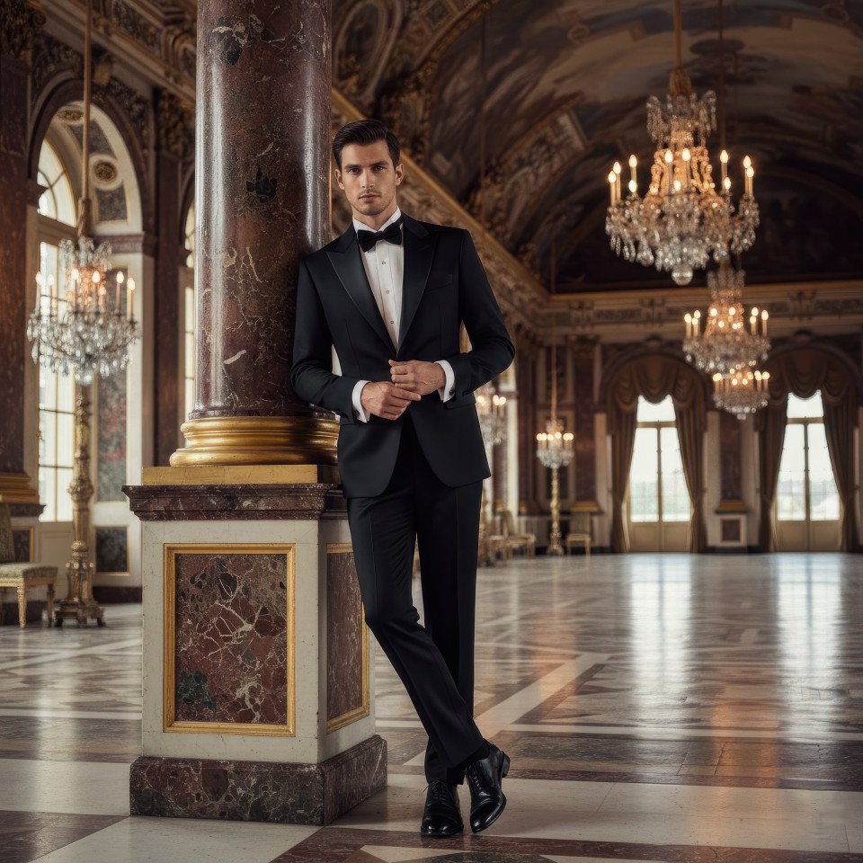 Groom wearing wedding suit leaning in palace ballroom google gemini prompt