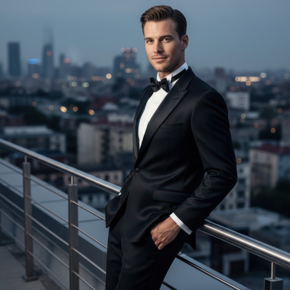Groom in wedding suit leaning in rooftop studio cityscape google gemini prompt