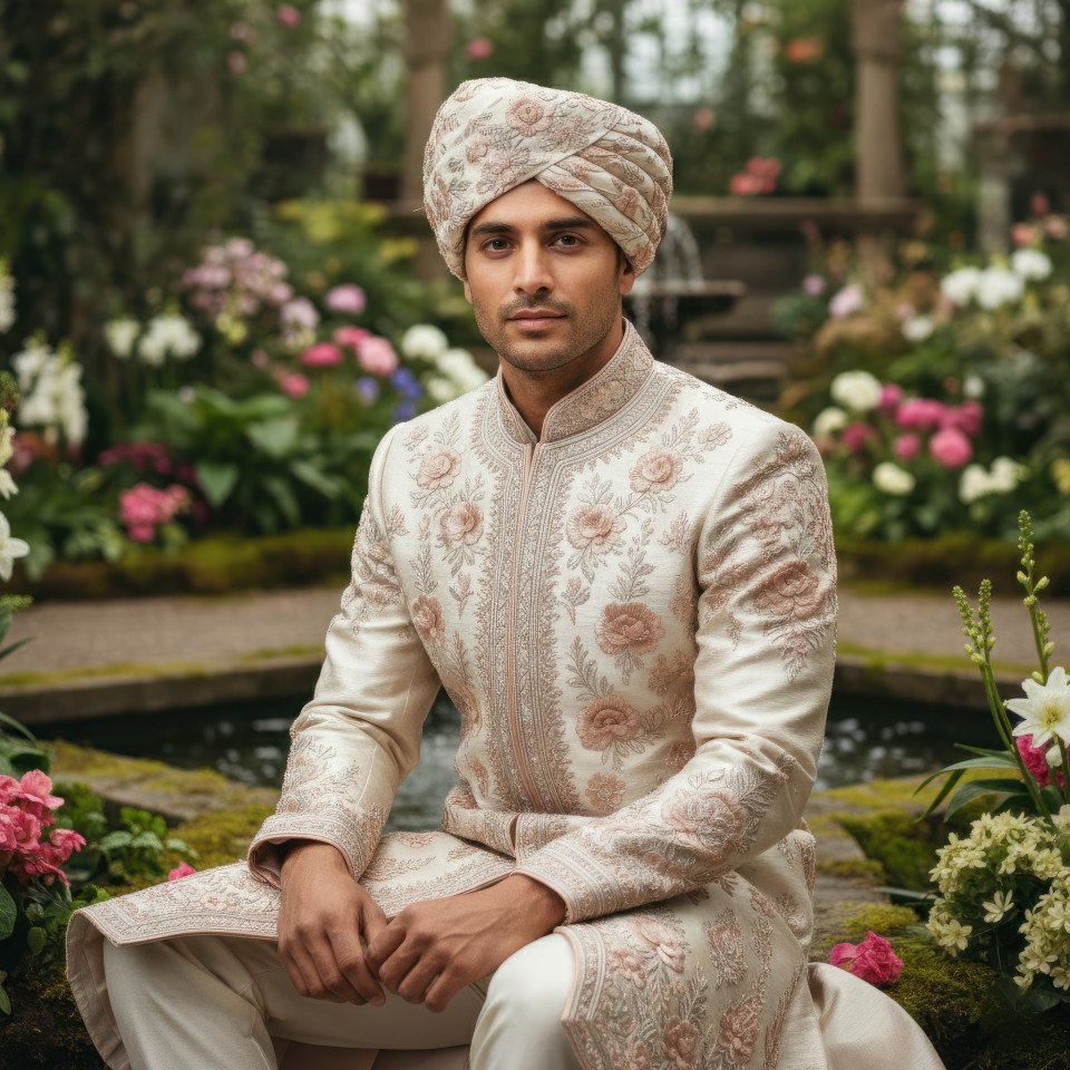 Groom wearing brocade sherwani sitting in botanical garden google gemini prompt