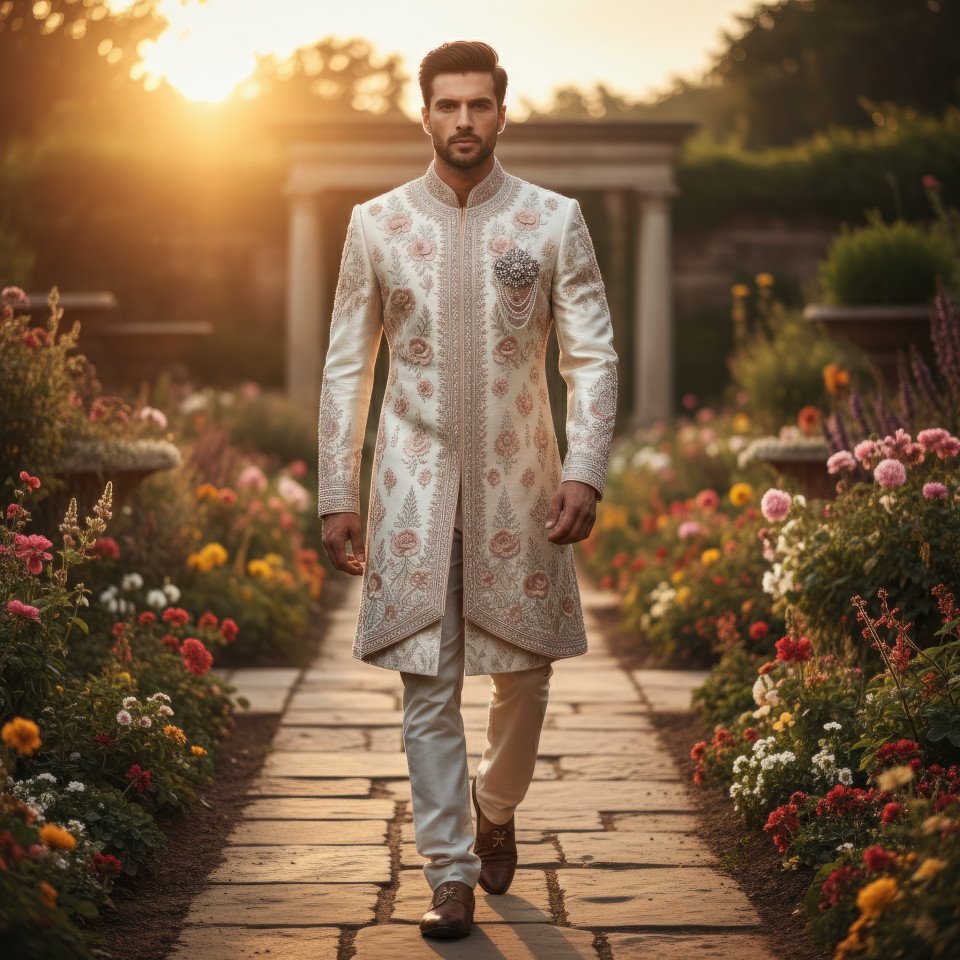 Groom wearing jacquard sherwani walking in sunset garden google gemini prompt