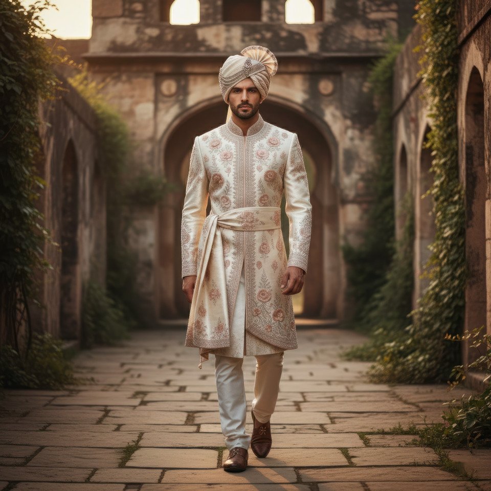 Groom wearing silk sherwani walking in historic fort courtyard google gemini prompt