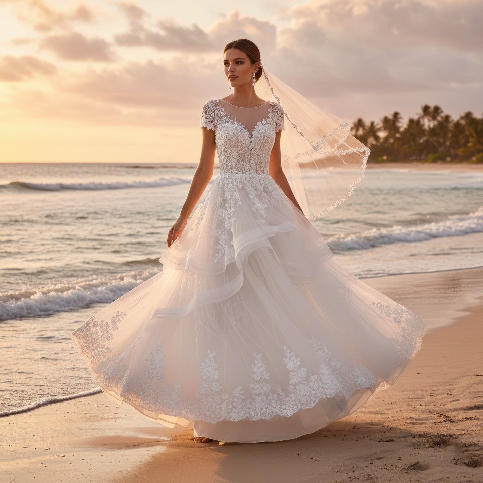 Tulle bridal gown twirling on beach at sunset google gemini prompt
