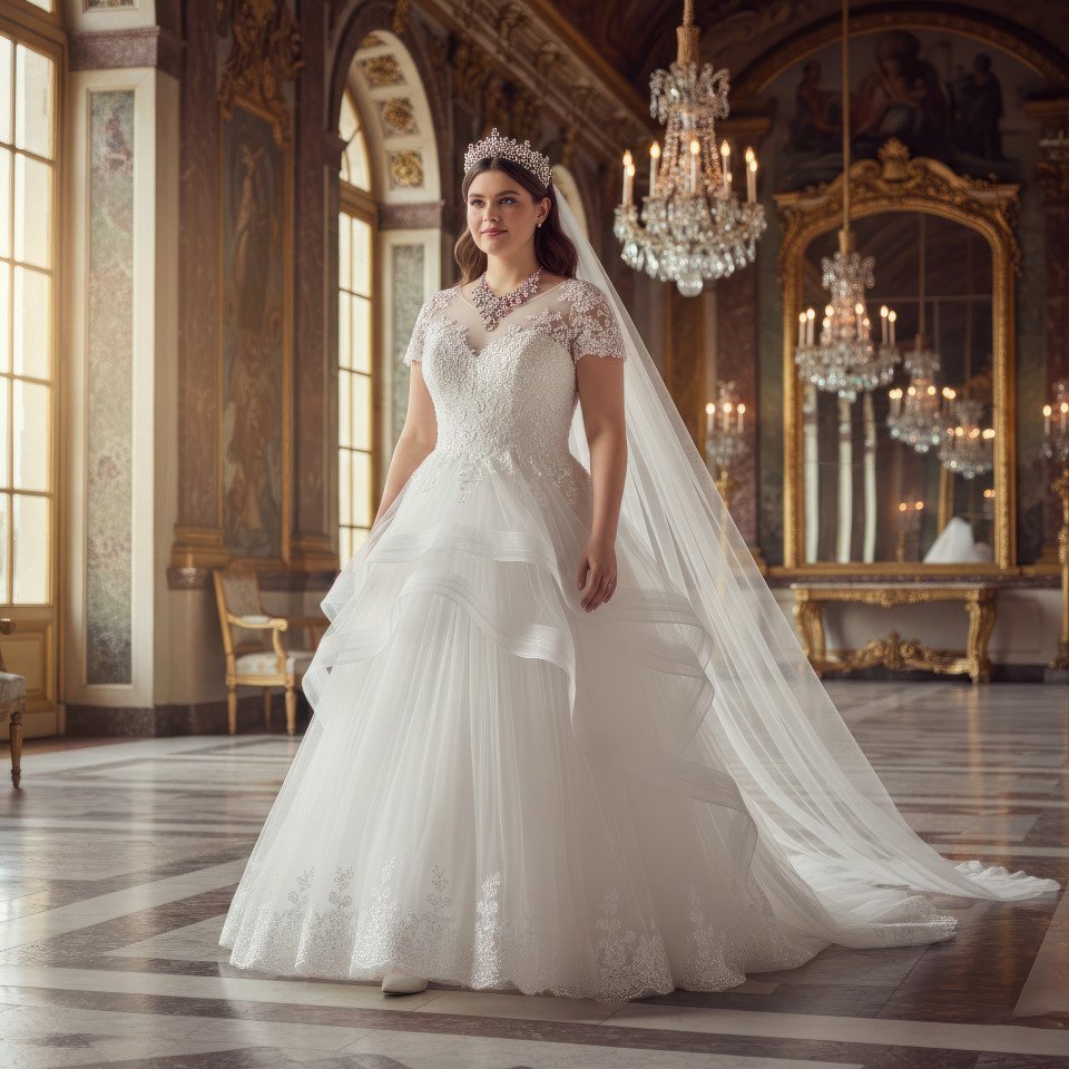Curvy bridal gown walking elegantly in palace hall google gemini prompt