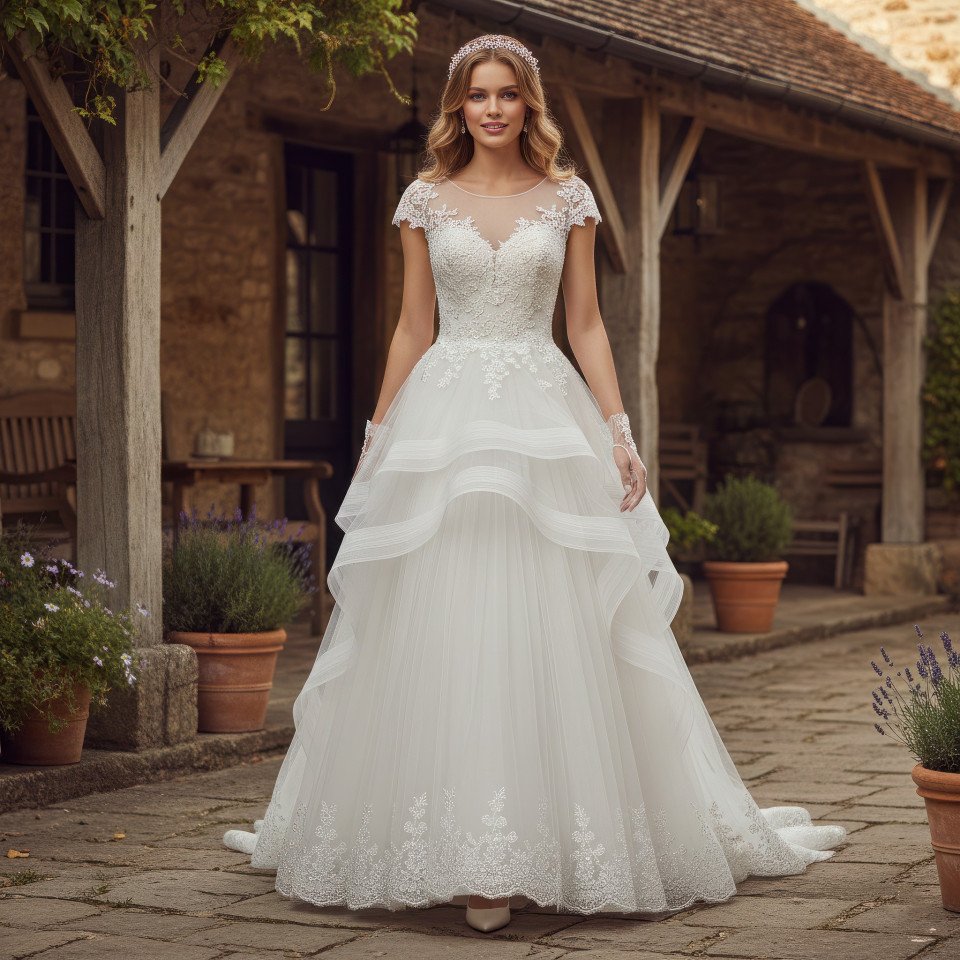 Organza bridal gown walking in rustic courtyard google gemini prompt