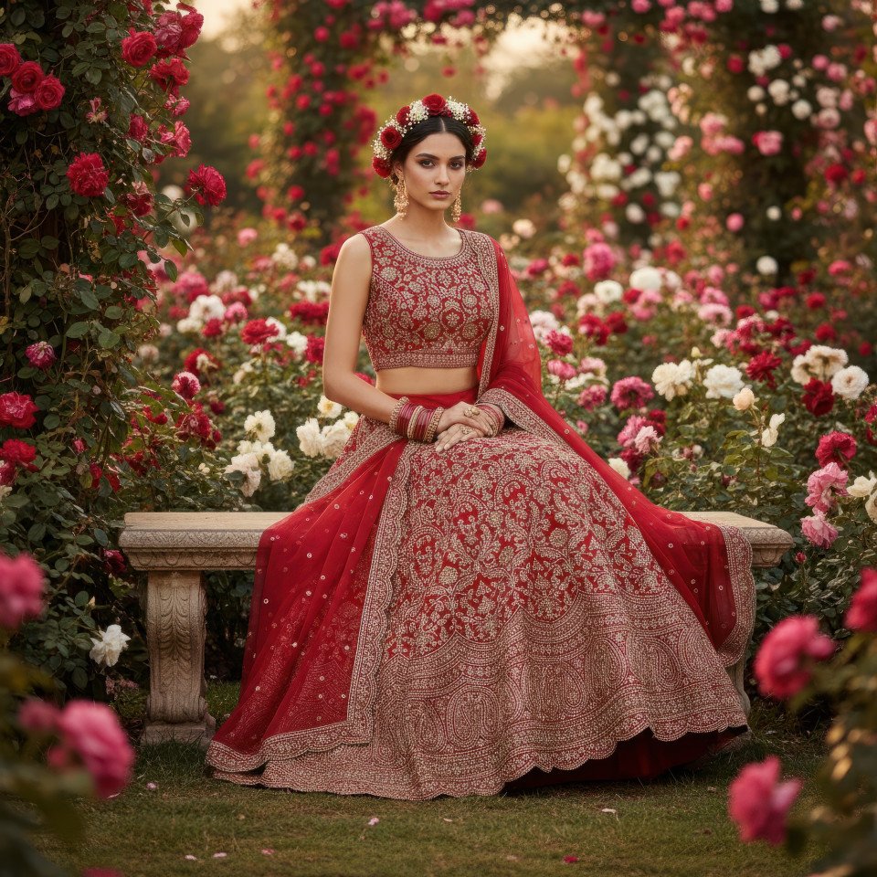 Chiffon lehenga wedding fashion sitting in rose garden google gemini prompt