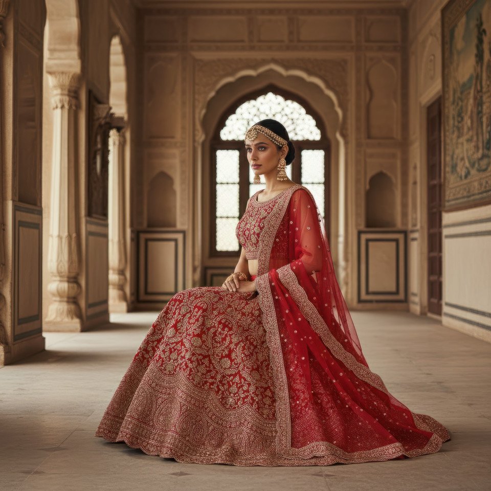 Brocade lehenga bridal fashion kneeling in royal hall google gemini prompt