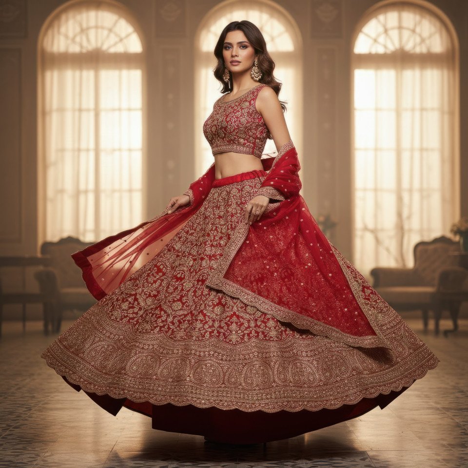 Satin and lace lehenga bridal fashion twirling in studio google gemini prompt