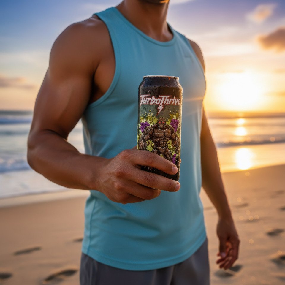 Fitness trainer holding energy drink at beach sunset google gemini prompt