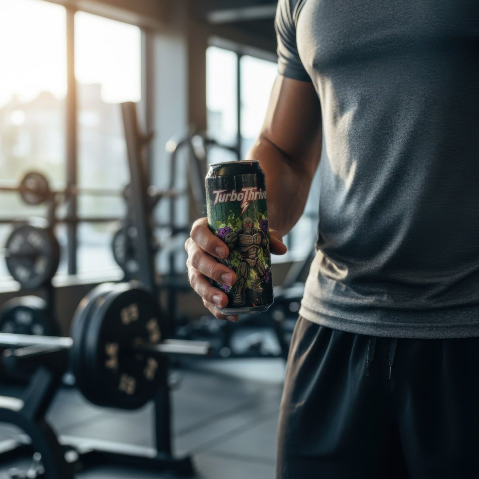 Athlete holding energy drink in gym morning lifestyle google gemini prompt