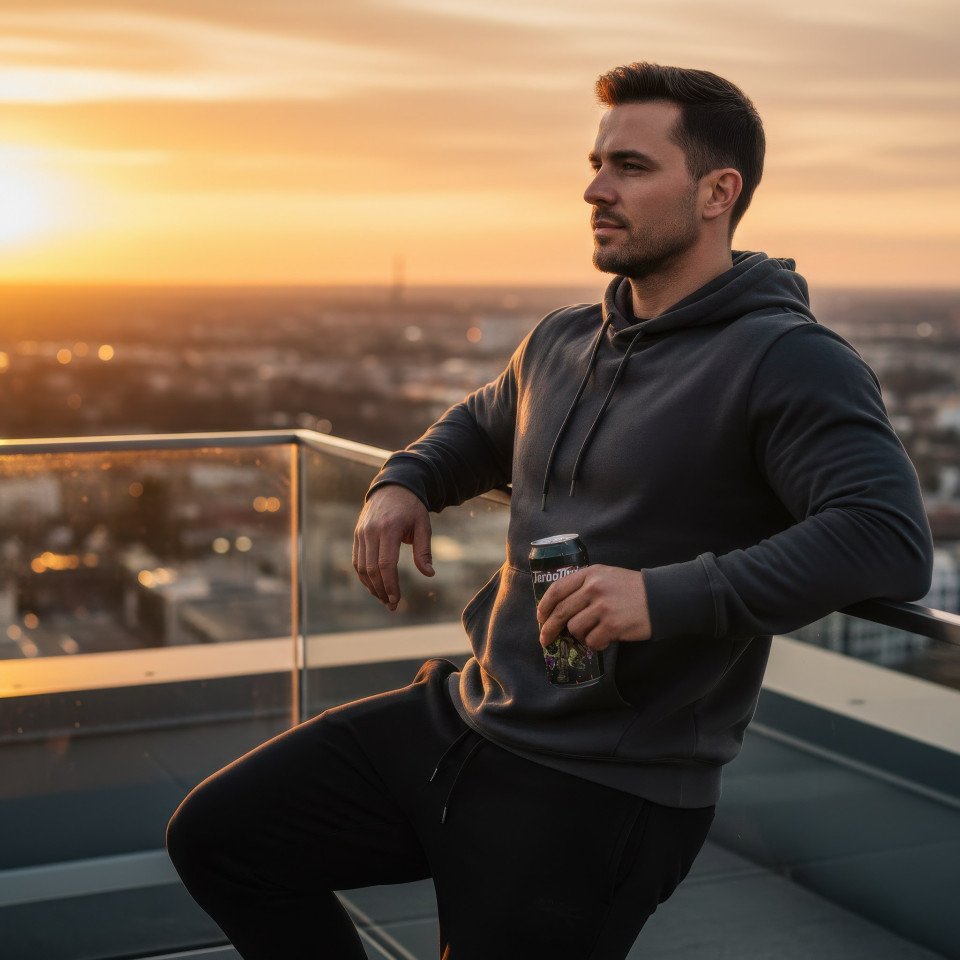 Man holding energy drink on gym rooftop evening google gemini prompt