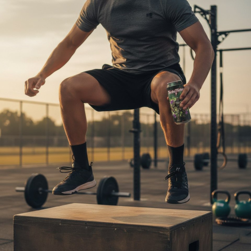 Athlete holding energy drink at crossfit box afternoon google gemini prompt
