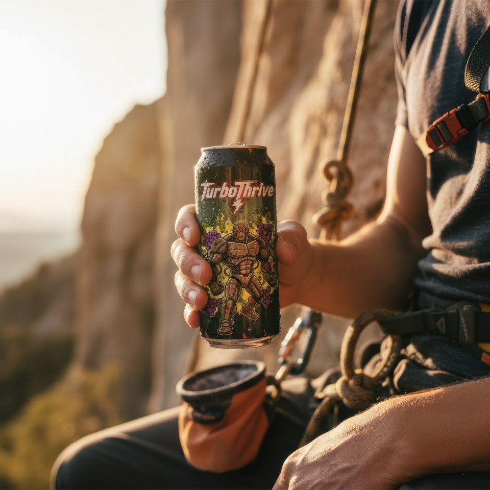 Rock climber holding energy drink outdoors afternoon google gemini prompt