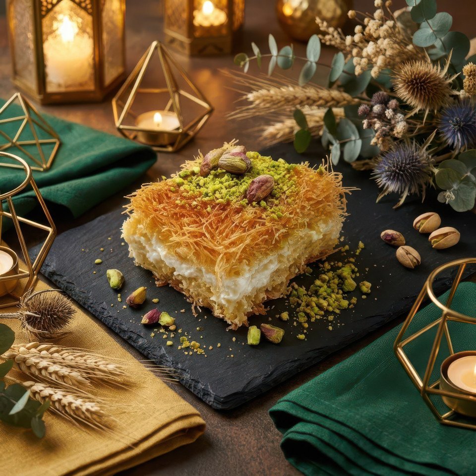 Baklava dessert for eid al fitr on black slate board google gemini prompt
