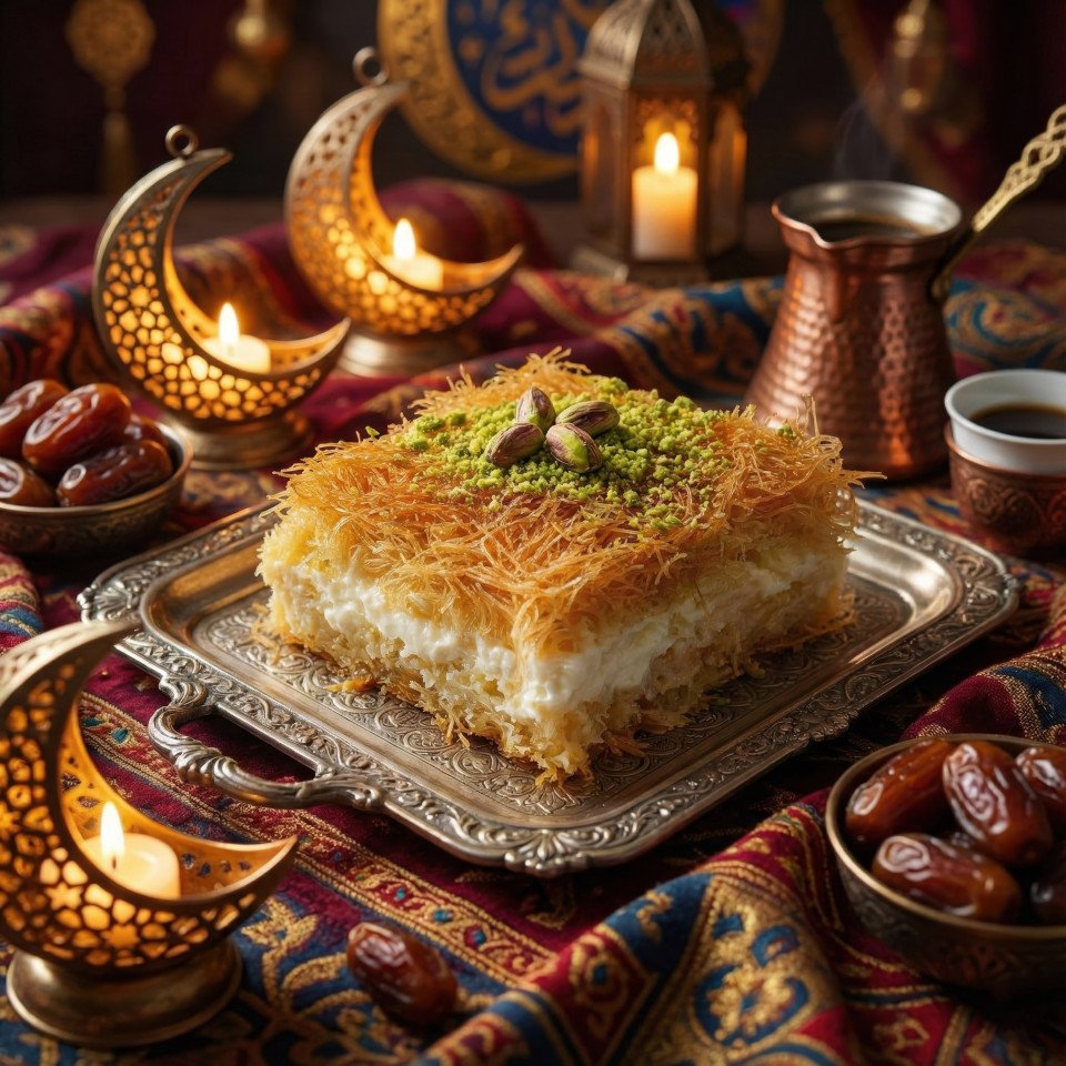 Baklava dessert for ramadan iftar on ornate silver tray google gemini prompt