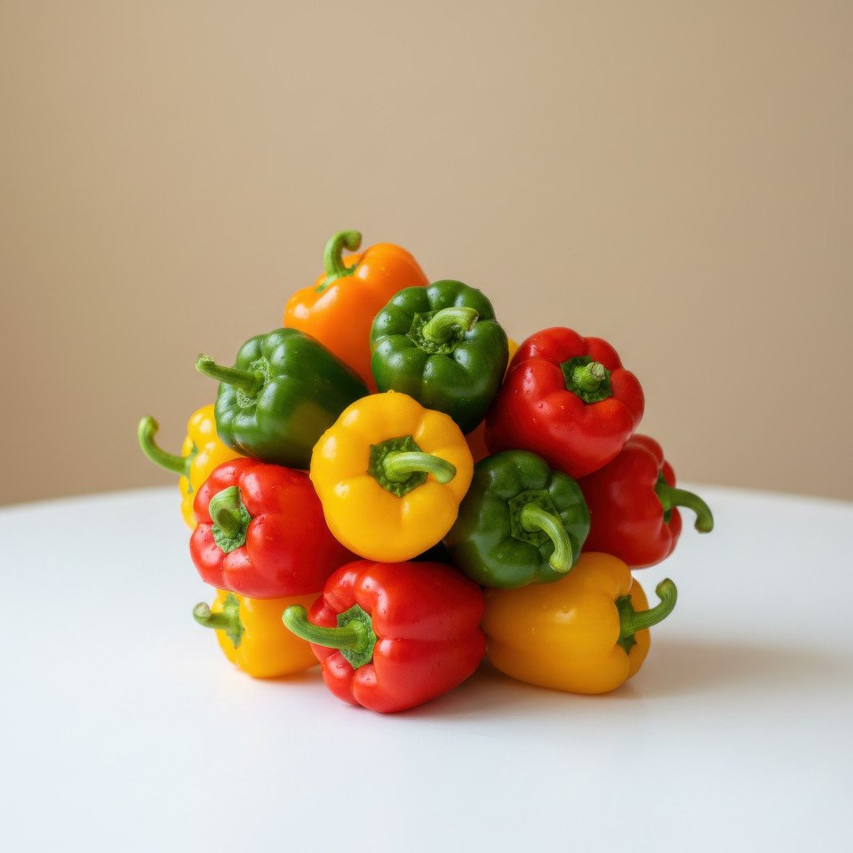 Fresh mini bell peppers on white table studio light google gemini prompt