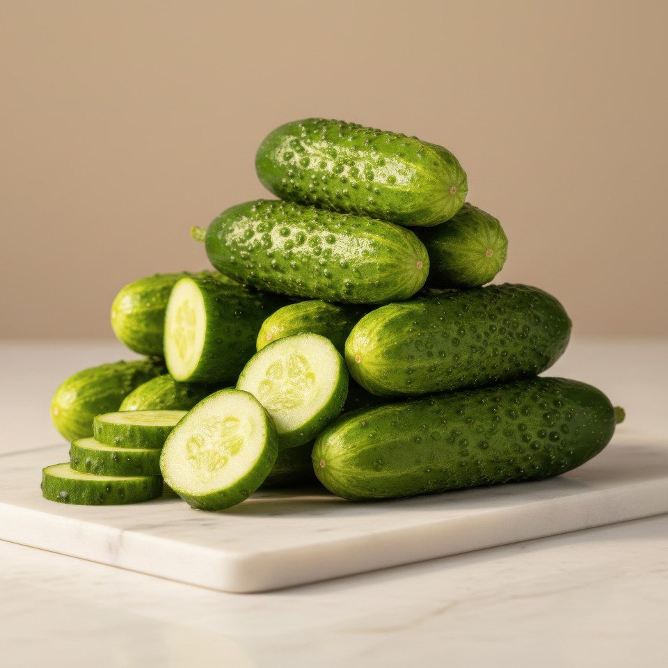 Fresh cucumbers on marble slab studio lighting google gemini prompt