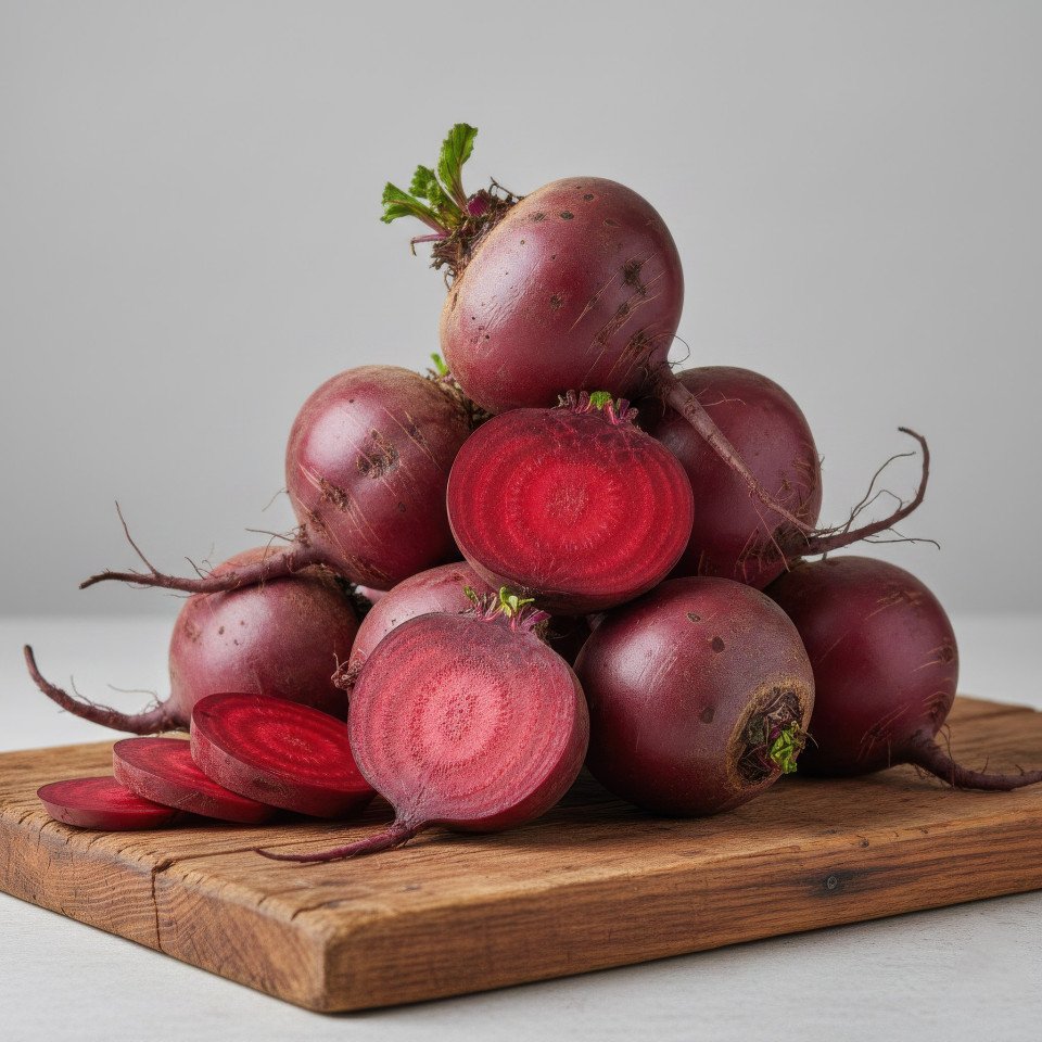 Fresh beetroots on rustic wooden board studio lighting google gemini prompt