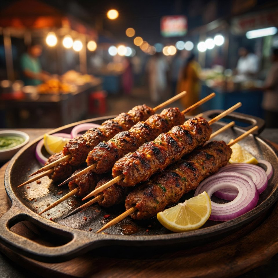 Seekh kebab skewers on cast iron with onion rings street food style google gemini prompt