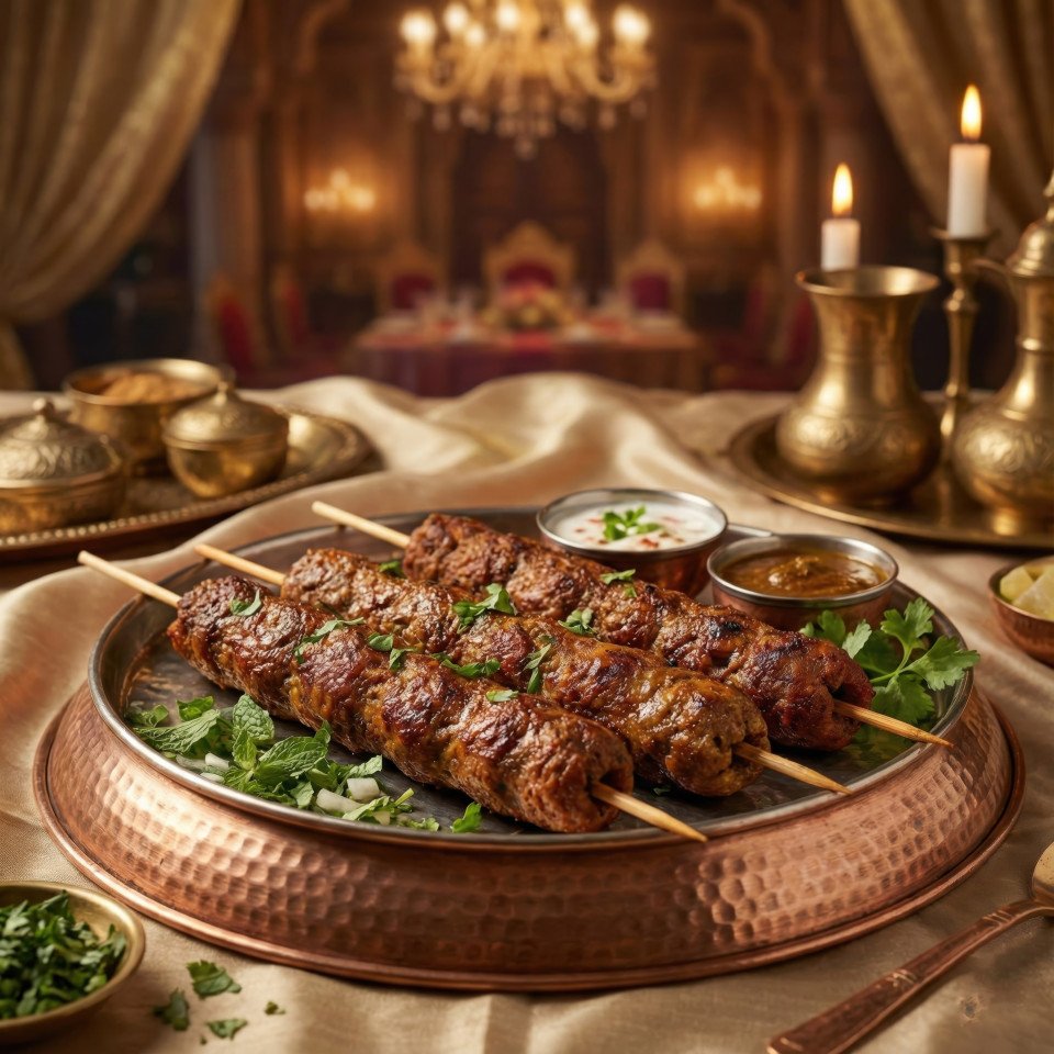 Seekh kebab traditional plated with mint in royal mughlai setting google gemini prompt