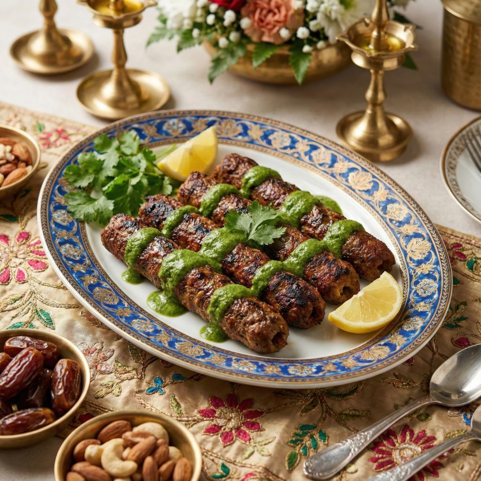 Seekh kebab banquet style with green chutney drizzle festive dining google gemini prompt