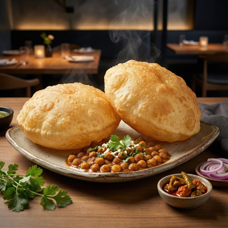 Chole bhature gourmet plated with fresh coriander in modern restaurant google gemini prompt