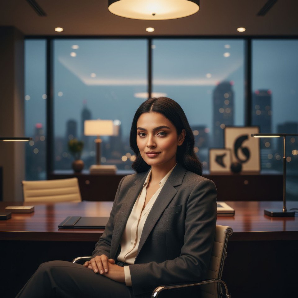 Cinematic portrait of corporate executive in modern glass office google gemini prompt