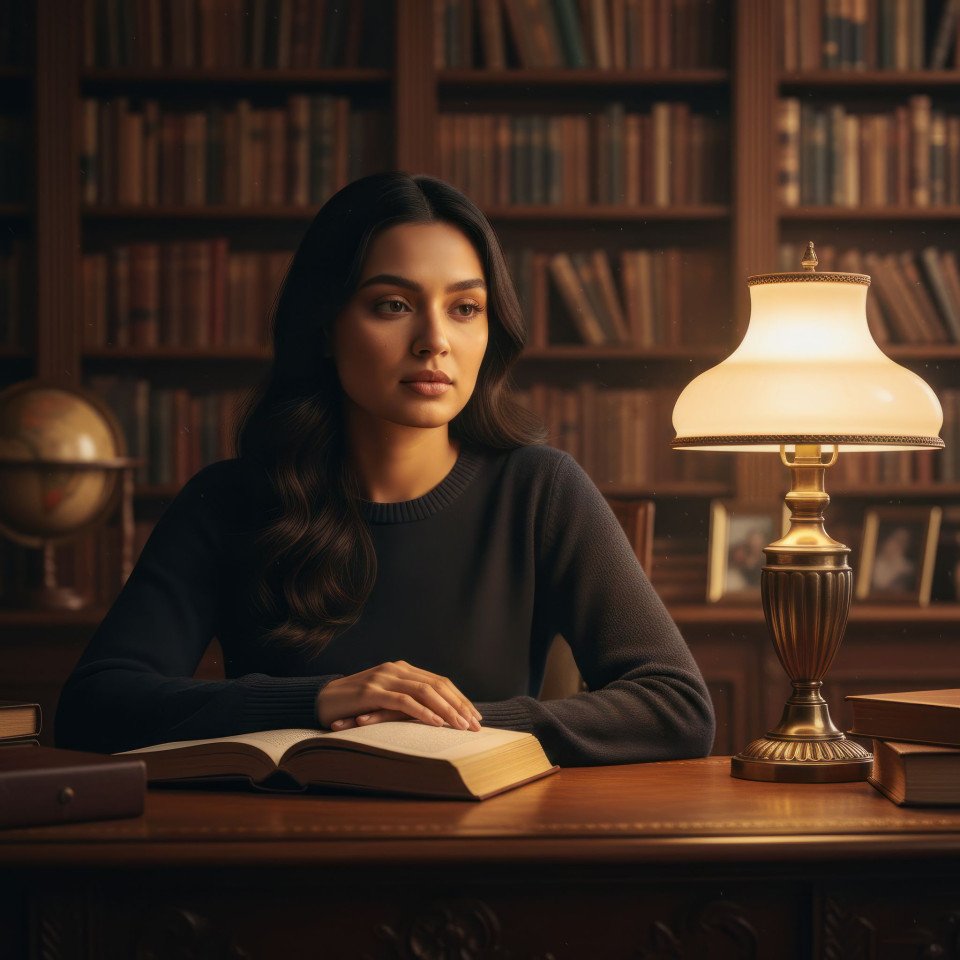 Cinematic portrait of novelist in warm home library google gemini prompt