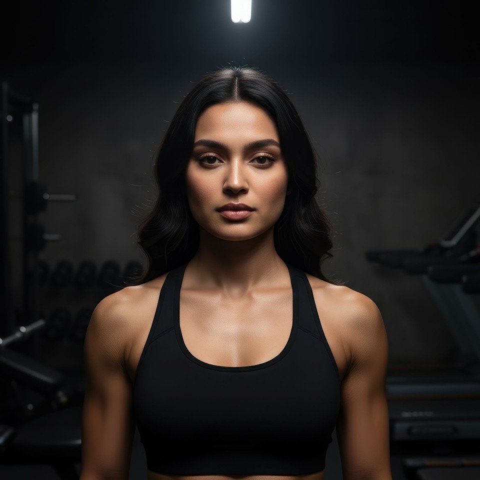 Cinematic portrait of personal trainer in dark modern gym google gemini prompt