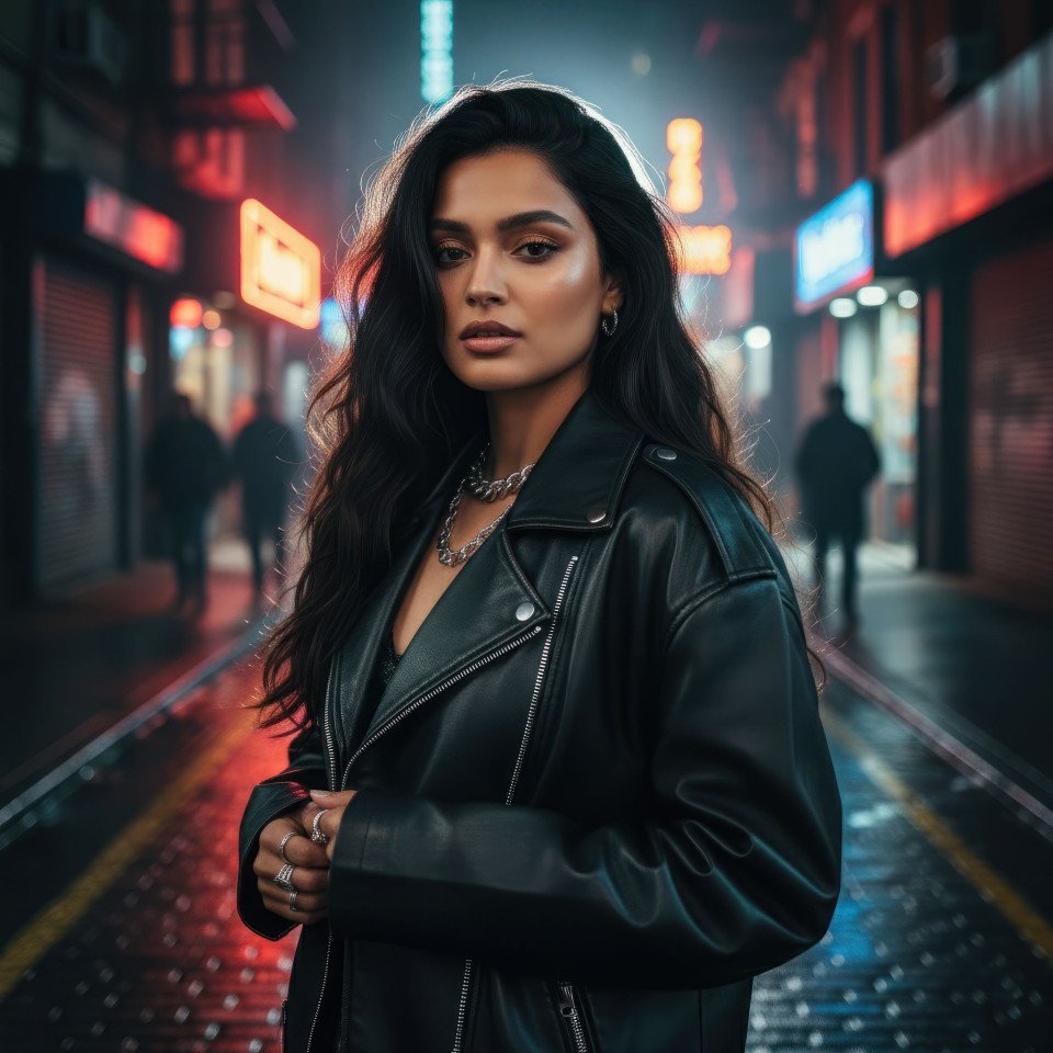 Cinematic portrait of street fashion influencer in neon city alley google gemini prompt