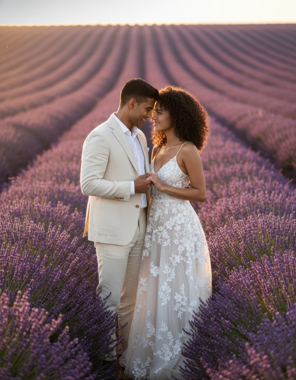 Cinematic heterosexual couple engagement in lavender field google gemini prompt