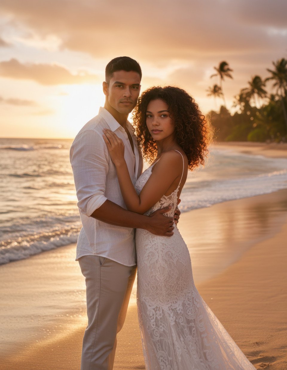 Cinematic heterosexual couple engagement on tropical beach at sunset google gemini prompt
