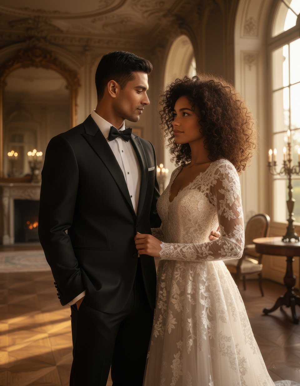 Cinematic heterosexual couple engagement in grand historic mansion google gemini prompt