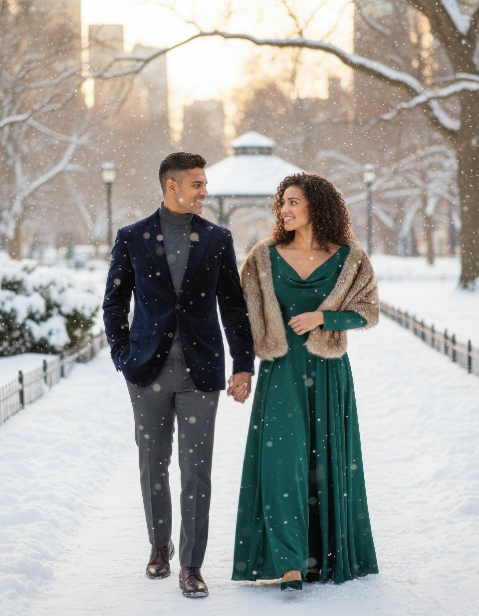 Cinematic couple engagement in snow covered park google gemini prompt