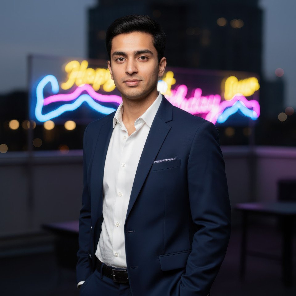 Rooftop birthday party portrait of man in trendy semi formal outfit google gemini prompt