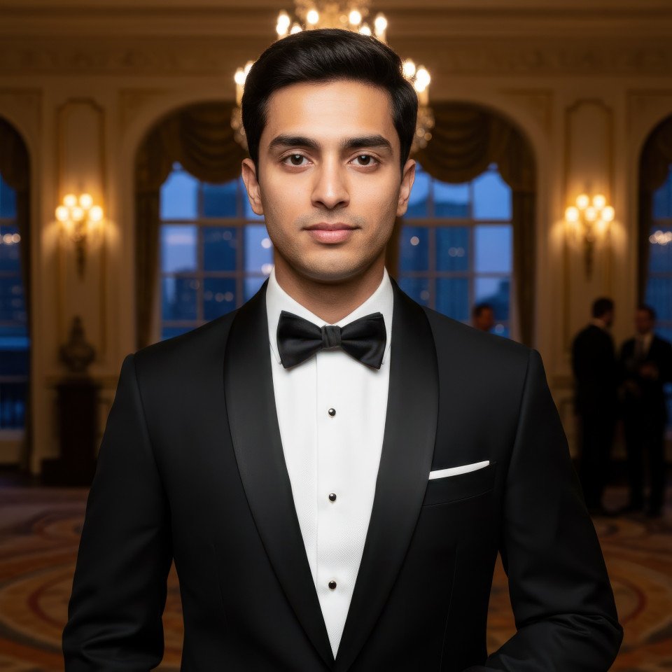 Black tie charity gala portrait of man in tailored tuxedo google gemini prompt