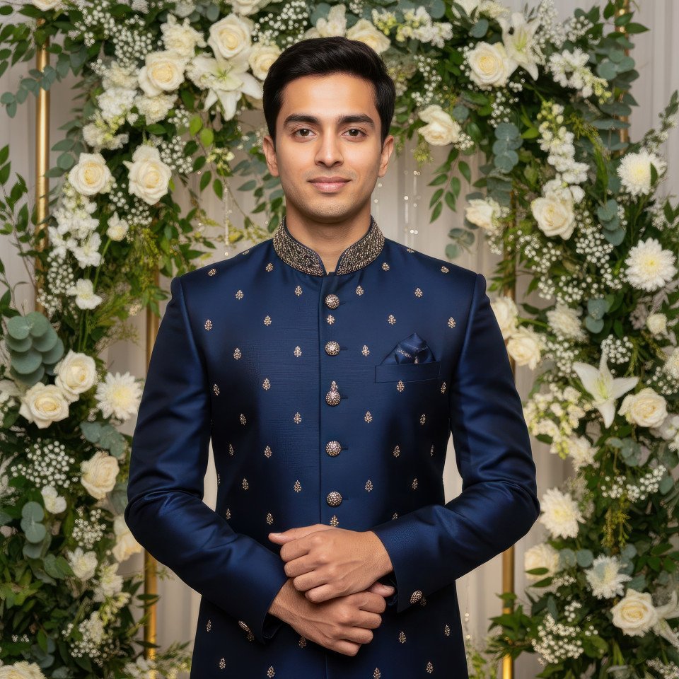 Engagement ceremony portrait of man in designer sherwani google gemini prompt