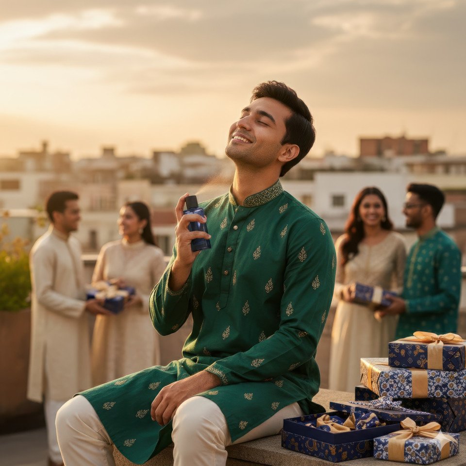 Young man celebrating eid with perfume google gemini prompt